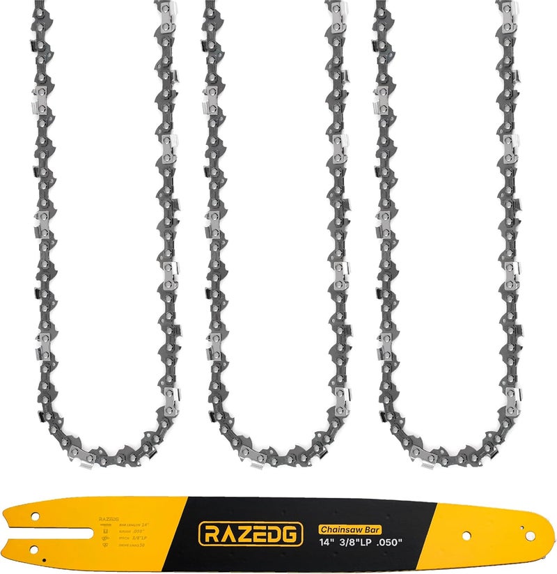RazEdg 14 Inch Chainsaw Bar and Chain Combo, 3/8" LP Pitch, .050" Gauge, 50 Drive Links Fits Stihl MS170, MS180, MS180C, 009 L, 010, E 10, MSE 140 C, McCulloch, Remington and More (1 Bar + 3 Chains) - Image 1